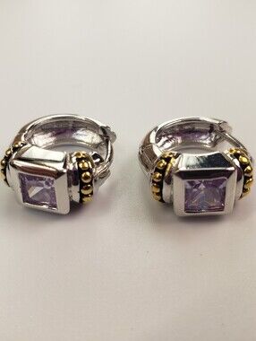 Sterling Silver Two Toned with Purple Crystal Stone Hoop Earrings Signed KC
